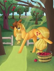 Size: 768x1024 | Tagged: safe, artist:pixelthepegasus, applejack, g4, applebucking, female, solo