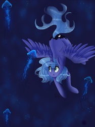 Size: 768x1024 | Tagged: safe, artist:pixelthepegasus, princess luna, alicorn, jellyfish, pony, g4, blue background, blue eyes, blue mane, blue tail, bubble, crepuscular rays, digital art, ethereal mane, ethereal tail, feather, female, flowing mane, flowing tail, horn, long horn, mare, ocean, puffy cheeks, s1 luna, signature, simple background, smiling, solo, spread wings, swimming, tail, underwater, water, wings