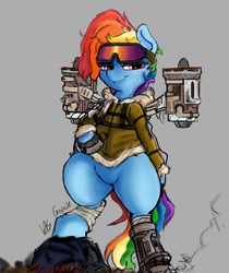 Size: 902x1075 | Tagged: safe, artist:greyscaleart, rainbow dash, pony, g4, amputee, augmented, bipedal, clothes, female, glasses, goggles, implied amputation, jacket, jetpack, looking at you, machine, mare, prosthetic leg, prosthetic limb, prosthetic wing, prosthetics, signature, solo, standing, sunglasses