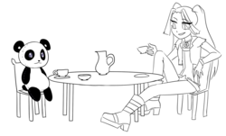 Size: 1108x671 | Tagged: safe, artist:rileyav, aria blaze, panda, equestria girls, g4, female, lineart, monochrome, plushie, tea, tea party