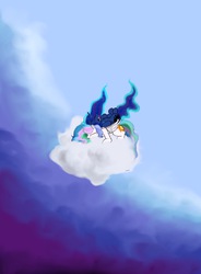 Size: 5900x8000 | Tagged: safe, artist:greyscaleart, princess celestia, princess luna, g4, absurd resolution, cloud, cloudy, duo, princess, sleeping