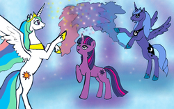 Size: 1024x642 | Tagged: safe, artist:tielgar, princess celestia, princess luna, twilight sparkle, g4, magic, s1 luna