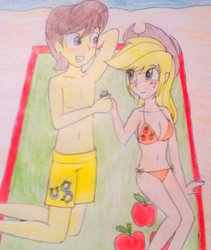 Size: 821x974 | Tagged: safe, artist:little-miss-oshawott, applejack, caramel, equestria girls, g4, bikini, clothes, duo, female, male, ship:carajack, shipping, straight, swimming trunks, swimsuit, topless, traditional art