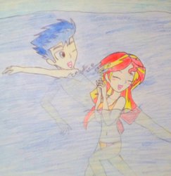 Size: 881x907 | Tagged: safe, artist:little-miss-oshawott, flash sentry, sunset shimmer, equestria girls, g4, beach, belly button, bikini, blushing, clothes, duo, female, laughing, male, ship:flashimmer, shipping, splashing, straight, swimming, swimsuit, topless, traditional art