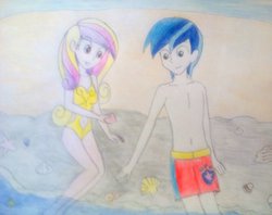Size: 1005x795 | Tagged: safe, artist:little-miss-oshawott, dean cadance, princess cadance, shining armor, equestria girls, g4, beach, clothes, duo, one-piece swimsuit, rock, shell, swimming trunks, swimsuit, topless, traditional art, yellow swimsuit