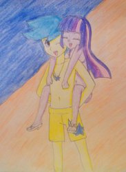 Size: 765x1044 | Tagged: safe, artist:little-miss-oshawott, comet tail, twilight sparkle, equestria girls, g4, beach, belly button, bikini, clothes, duo, equestria girls-ified, piggyback ride, ship:cometlight, shipping, swimsuit, topless, traditional art