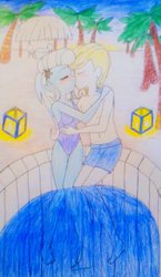 Size: 680x1173 | Tagged: safe, artist:little-miss-oshawott, prince blueblood, trixie, equestria girls, g4, barrelchest blueblood, breasts, busty trixie, clothes, duo, female, kissing, male, ship:bluetrix, shipping, straight, swimming pool, swimsuit, topless, traditional art