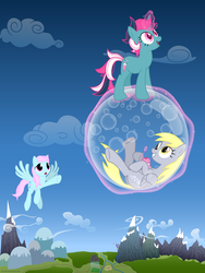 Size: 2700x3600 | Tagged: safe, artist:issmafia, derpy hooves, fizzy, wind whistler, pegasus, pony, twinkle eyed pony, unicorn, g1, g4, bubble, cute, female, floating, flying, g1 to g4, generation leap, high res, levitation, magic, mare, silly, story included, telekinesis