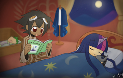 Size: 2400x1540 | Tagged: safe, artist:howxu, smarty pants, spike, twilight sparkle, oc, human, g4, bed, book, duo focus, humanized, humanized oc, in bed, reading