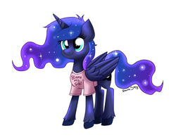 Size: 920x734 | Tagged: safe, artist:confetticakez, princess luna, alicorn, pony, g4, blame my sister, clothes, female, folded wings, mare, simple background, smiling, solo, standing, t-shirt, three quarter view, unshorn fetlocks, white background, wings
