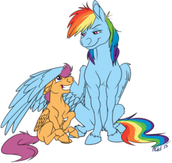 Size: 811x768 | Tagged: safe, artist:carnivorouscaribou, rainbow dash, scootaloo, horse, pegasus, pony, g4, :t, eye contact, female, filly, floppy ears, grin, hug, leg fluff, lidded eyes, looking at each other, mare, raised hoof, scootalove, simple background, sitting, smiling, smirk, squee, transparent background, unshorn fetlocks, wing fluff, winghug