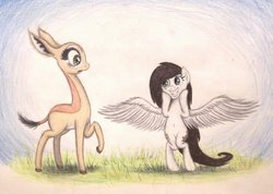 Size: 1060x753 | Tagged: safe, artist:thefriendlyelephant, oc, oc only, oc:coconut cake, oc:nuk, antelope, gerenuk, pegasus, pony, animal in mlp form, big ears, big eyes, bipedal, duo, eeee, fangirling, feather, grass, grin, long neck, open mouth, raised hoof, smiling, spread wings, squee, surprised, traditional art, wide eyes