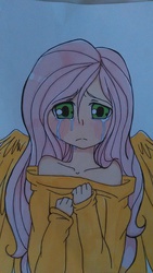 Size: 1440x2560 | Tagged: safe, artist:superpony25, fluttershy, human, g4, clothes, crying, female, humanized, off shoulder, solo, winged humanization