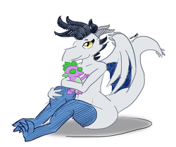 Size: 1515x1264 | Tagged: safe, artist:greenlinzerd, spike, oc, oc:ayira-ianah, dragon, anthro, g4, anthro dragon, anthro oc, clothes, curvy, non-mlp oc, plushie, smiling, socks, solo, spike plushie, thigh highs, yira with socks