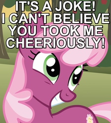 Size: 540x600 | Tagged: safe, edit, edited screencap, screencap, cheerilee, earth pony, pony, g4, hearts and hooves day (episode), caption, cheerious, female, grin, hearts and hooves day, image macro, joke, mare, pun, reaction image, smiling, solo, squee