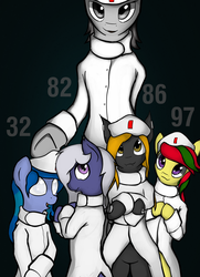 Size: 1280x1770 | Tagged: safe, artist:ponyhospital, oc, oc only, oc:attraction, oc:intern code 32, oc:intern code 82, oc:intern code 86, oc:intern code 97, oc:nurse code-49, bat pony, pony, explicit source, line-up, pony hospital, size difference