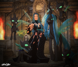 Size: 3900x3377 | Tagged: safe, artist:axel-doi, queen chrysalis, changeling, human, g4, 3d, boots, elf ears, high res, humanized, pose, throne, torch, winged humanization