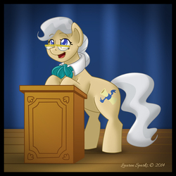 Size: 600x600 | Tagged: safe, artist:laurensparks, mayor mare, earth pony, pony, g4, female, podium, smiling, solo, talking