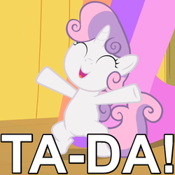 Size: 600x600 | Tagged: safe, alternate version, edit, screencap, sweetie belle, pony, unicorn, g4, the show stoppers, bipedal, caption, cute, diasweetes, dumb fabric, eyes closed, fabric, female, filly, image macro, meme, open mouth, solo