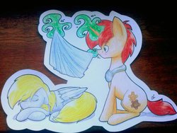 Size: 1024x768 | Tagged: safe, artist:lrusu, derpy hooves, oc, oc:tick tock, pegasus, pony, doctor whooves and assistant, g4, blanket, female, mare