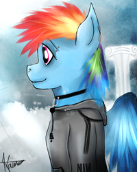 Size: 1600x2000 | Tagged: safe, artist:kaine, rainbow dash, anthro, g4, clothes, cloudsdale, collar, female, hoodie, nine inch nails, piercing, punk, solo