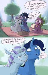 Size: 1280x2004 | Tagged: safe, artist:imsokyo, night light, spike, twilight velvet, dragon, pony, unicorn, daily life of spike, g4, 2 panel comic, comic, dialogue, father and child, father and son, female, fluffy, glare, male, mare, mother and child, mother and son, necklace, nervous, nuzzling, open mouth, picnic, prone, sandwich, ship:nightvelvet, smiling, speech bubble, spike's family, stallion, straight, sweat, wide eyes