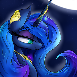 Size: 2000x2000 | Tagged: safe, artist:madacon, princess luna, alicorn, pony, g4, bedroom eyes, earring, female, high res, horn, horn jewelry, jewelry, mare, moon, night, portrait, smiling, solo