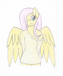 Size: 1223x1474 | Tagged: safe, artist:fred7162, fluttershy, anthro, g4, clothes, female, off shoulder, solo