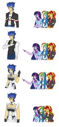 Size: 1024x2199 | Tagged: safe, artist:urusee584, flash sentry, rainbow dash, sunset shimmer, twilight sparkle, equestria girls, g4, butler, clothes, comic, crossdressing, exploitable meme, female, flare warden, flaredash, flarelight, implied bisexual, implied lesbian, maid, maid sentry, male, meme, reaction guys, rule 63, ship:flashdash, ship:flashimmer, ship:flashlight, shipping, straight, twilight sparkle (alicorn), wat