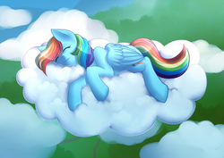 Size: 1000x706 | Tagged: safe, artist:sugaryviolet, rainbow dash, pegasus, pony, g4, cloud, cloudy, cute, dashabetes, eyes closed, on a cloud, on side, sleeping, smiling, solo