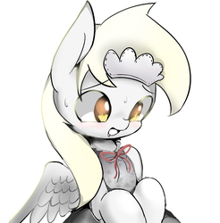 Size: 1610x1638 | Tagged: safe, artist:skippy_the_moon, derpy hooves, pegasus, pony, g4, clothes, female, maid, mare, pixiv, solo