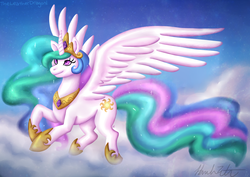 Size: 1024x724 | Tagged: safe, artist:theleatherdragoni, princess celestia, g4, female, flying, solo