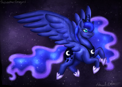 Size: 1024x724 | Tagged: safe, artist:theleatherdragoni, princess luna, g4, female, flying, solo, space, stars