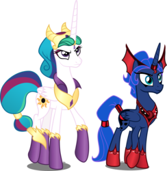 Size: 1633x1674 | Tagged: dead source, safe, artist:xebck, idw, princess celestia, princess luna, alicorn, pony, g4, reflections, spoiler:comic, alternate universe, antagonist, dark mirror universe, duo, duo female, evil, evil celestia, evil counterpart, evil luna, evil sisters, female, horn, horn ring, idw showified, looking up, mare, mirror universe, ring, royal sisters, simple background, sisters, transparent background, vector