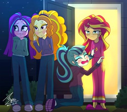 Size: 4039x3570 | Tagged: safe, artist:bluse, part of a set, adagio dazzle, aria blaze, sonata dusk, sunset shimmer, equestria girls, g4, begging, blushing, clothes, crying, dirty, discussion in the comments, eyes closed, female, frown, homeless, hoodie, kneeling, open mouth, pajamas, pants, part of a series, poverty, shoes, show accurate, signature, sleepy, slippers, sweater, the dazzlings, the wandering dazzlings, tired, unamused