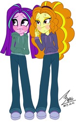 Size: 900x1429 | Tagged: safe, artist:bluse, adagio dazzle, aria blaze, equestria girls, g4, background removed, female, homeless, poverty, show accurate, signature, simple background, white background