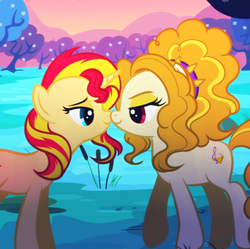 Size: 530x527 | Tagged: safe, artist:jacky-bunny, edit, adagio dazzle, sunset shimmer, earth pony, pony, unicorn, g4, cropped, eye contact, female, lesbian, looking at each other, ponified, ship:sunsagio, shipping