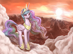 Size: 4000x2970 | Tagged: safe, artist:mrs1989, princess celestia, alicorn, pony, g4, beautiful, canterlot, cloud, cloudy, female, high res, looking at you, mare, scenery, solo, sun, sunset