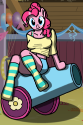 Size: 1000x1500 | Tagged: safe, artist:flyingbrickanimation, pinkie pie, earth pony, anthro, unguligrade anthro, g4, arm hooves, balloon, clothes, female, hooves, party cannon, skirt, socks, solo, striped socks
