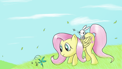 Size: 1920x1080 | Tagged: safe, artist:whoovespon3, angel bunny, fluttershy, bee, pegasus, pony, rabbit, g4, cute, female, flower, grass, leaves, male, mare, sky, smiling, wind