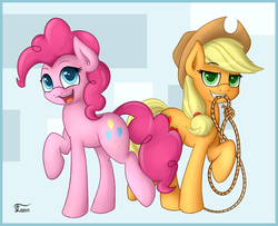 Size: 1600x1300 | Tagged: safe, artist:thunder chaser, applejack, pinkie pie, earth pony, pony, g4, applejack's hat, cowboy hat, duo, duo female, eyebrows, eyebrows visible through hair, female, hat, looking at you, mare, mouth hold, open mouth, open smile, raised hoof, raised leg, rope, signature, smiling, smiling at you