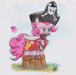 Size: 1564x1530 | Tagged: safe, artist:digiral, pinkie pie, earth pony, pony, g4, clothes, female, mare, mouth hold, pirate, solo, sword, weapon