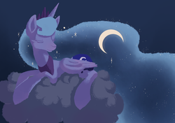 Size: 2480x1748 | Tagged: safe, artist:thisis913, princess luna, g4, cloud, eyes closed, female, prone, s1 luna, solo