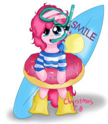 Size: 5500x6300 | Tagged: safe, artist:korchristmas, pinkie pie, earth pony, pony, g4, absurd resolution, bipedal, cute, donut, female, flippers (gear), floaty, goggles, inner tube, simple background, snorkel, solo, summer, surfboard, transparent background