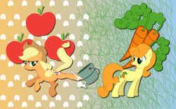 Size: 2560x1600 | Tagged: safe, artist:alicehumansacrifice0, artist:ooklah, artist:sirleandrea, artist:the smiling pony, applejack, carrot top, golden harvest, g4, carrotjack, female, lesbian, shipping, wallpaper