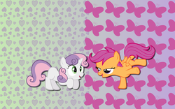 Size: 2560x1600 | Tagged: safe, artist:alicehumansacrifice0, artist:m99moron, artist:spaceponies, scootaloo, sweetie belle, pegasus, pony, unicorn, g4, abstract background, crouching, duo, female, filly, foal, lesbian, lidded eyes, ship:scootabelle, shipping, wallpaper