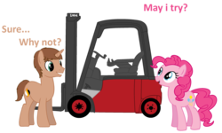 Size: 3000x1800 | Tagged: safe, artist:peternators, pinkie pie, oc, oc:heroic armour, earth pony, pony, unicorn, g4, duo, eyelashes, female, forklift, horn, male, mare, question, simple background, stallion, transparent background, unicorn oc