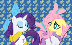 Size: 2560x1607 | Tagged: safe, artist:alicehumansacrifice0, artist:frankrt, artist:kooner-cz, artist:ooklah, fluttershy, rarity, g4, female, lesbian, ship:flarity, shipping, wallpaper