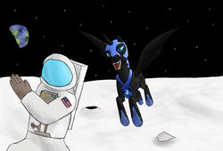 Size: 1280x872 | Tagged: safe, artist:rutras3000, nightmare moon, alicorn, human, pony, g4, astronaut, chase, duo, earth, flying, luna and the nauts, moon, spacesuit, this will end in tears