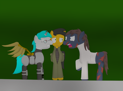 Size: 1024x759 | Tagged: safe, artist:minty candy, oc, oc only, oc:minty candy, oc:twintails, cyborg, earth pony, ghoul, pegasus, pony, unicorn, fallout equestria, fallout equestria: occupational hazards, angry, armor, artificial wings, augmented, glasses, mechanical wing, scientist, wings, yelling